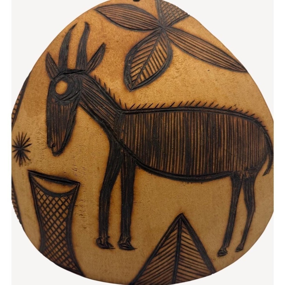 Hand Carved Peruvian Gourd Wall Art Pair Pyrography Fish Antelope Folk Decor - Picture 2 of 9